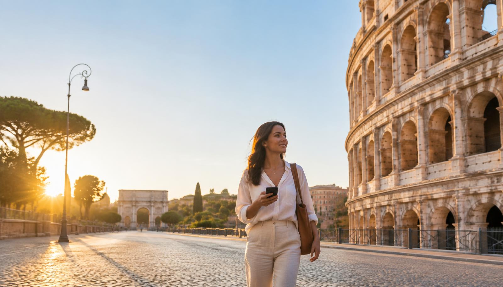 Viajante caminhando em Roma com o celular na mão